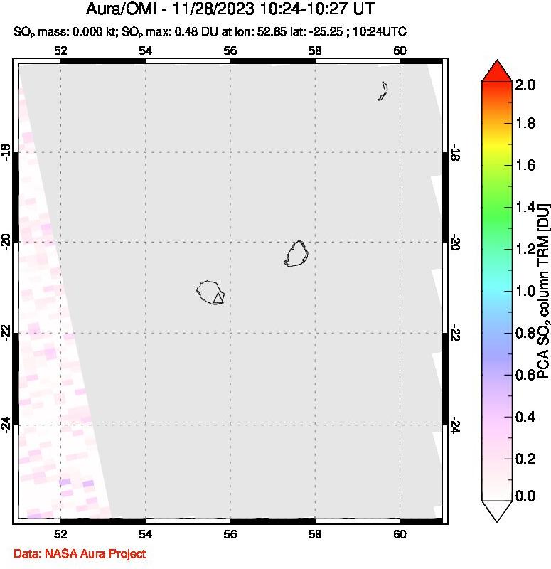 A sulfur dioxide image over Reunion Island, Indian Ocean on Nov 28, 2023.