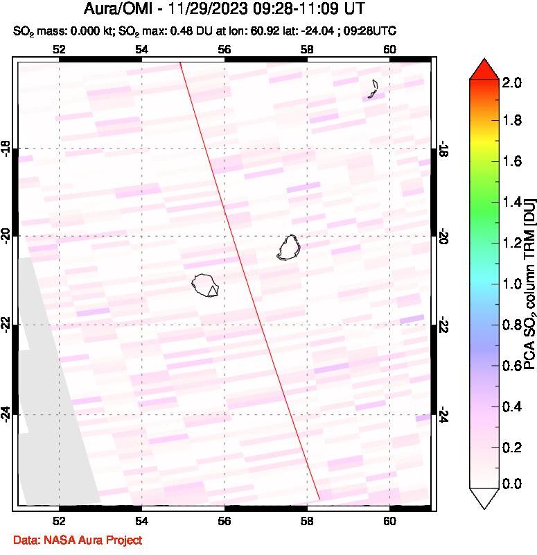 A sulfur dioxide image over Reunion Island, Indian Ocean on Nov 29, 2023.