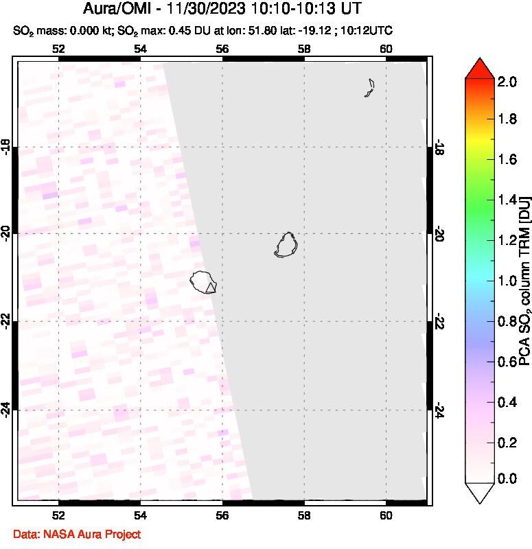 A sulfur dioxide image over Reunion Island, Indian Ocean on Nov 30, 2023.