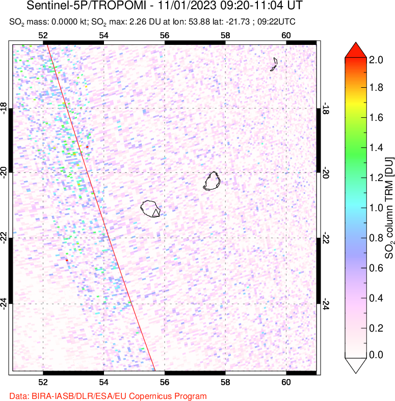 A sulfur dioxide image over Reunion Island, Indian Ocean on Nov 01, 2023.