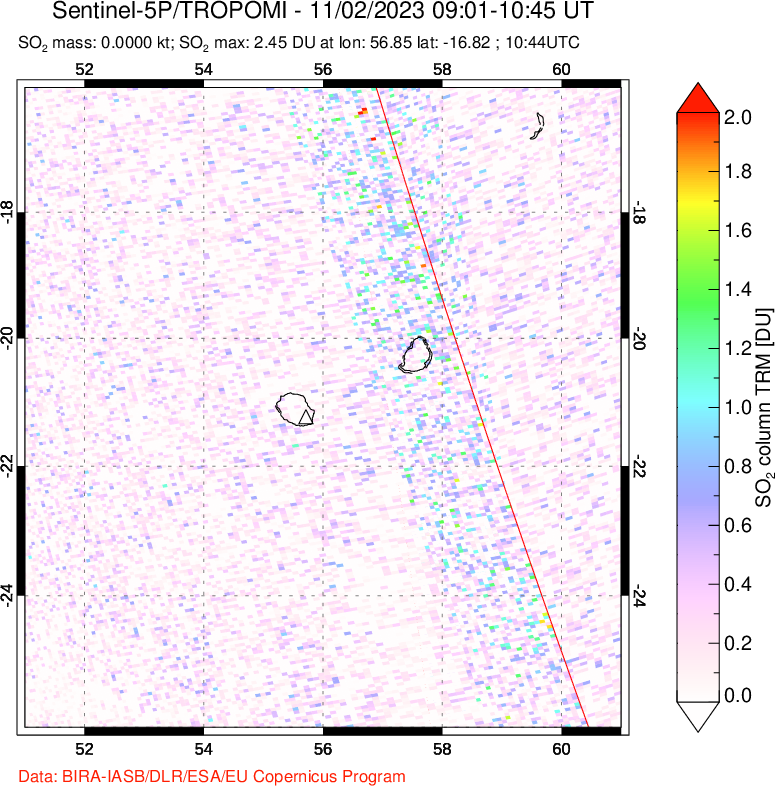 A sulfur dioxide image over Reunion Island, Indian Ocean on Nov 02, 2023.