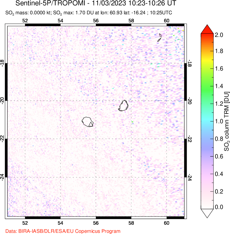 A sulfur dioxide image over Reunion Island, Indian Ocean on Nov 03, 2023.