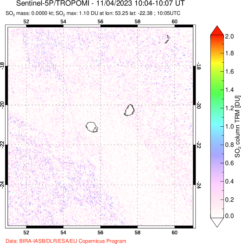 A sulfur dioxide image over Reunion Island, Indian Ocean on Nov 04, 2023.