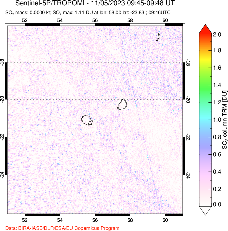 A sulfur dioxide image over Reunion Island, Indian Ocean on Nov 05, 2023.