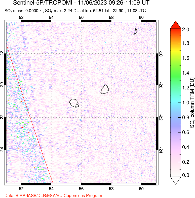 A sulfur dioxide image over Reunion Island, Indian Ocean on Nov 06, 2023.