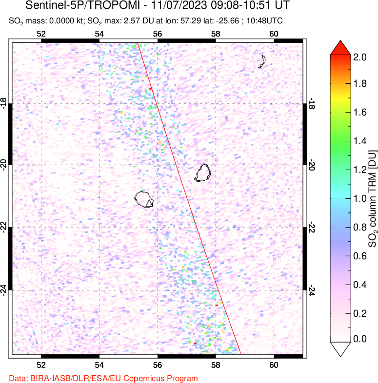 A sulfur dioxide image over Reunion Island, Indian Ocean on Nov 07, 2023.