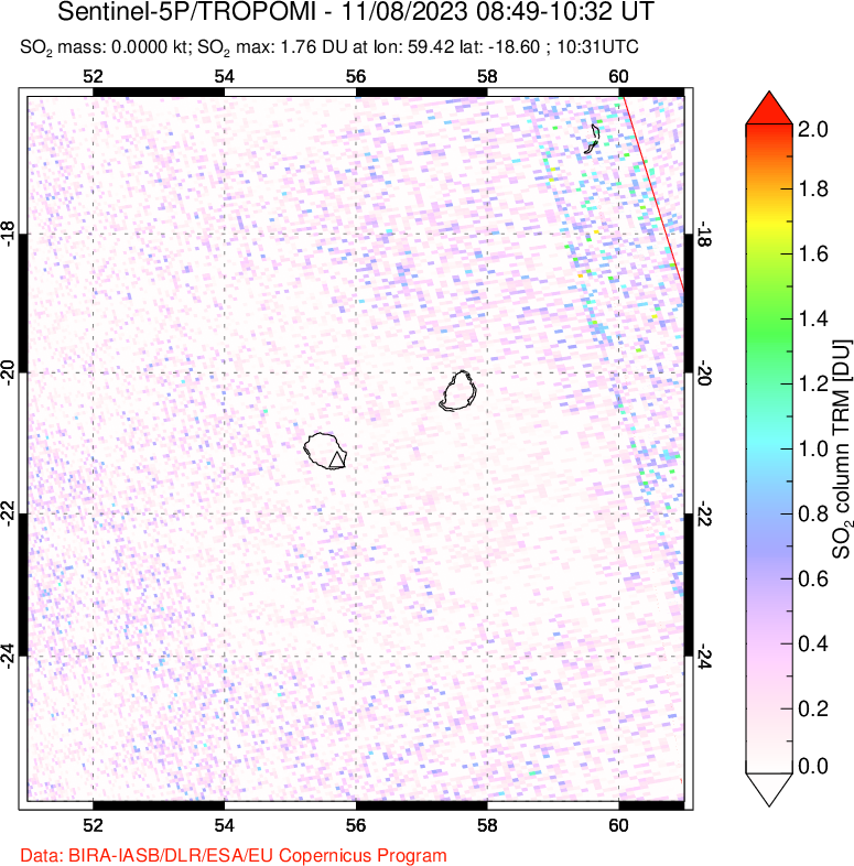 A sulfur dioxide image over Reunion Island, Indian Ocean on Nov 08, 2023.