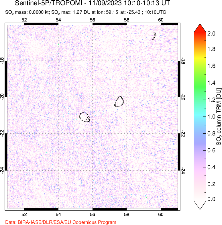 A sulfur dioxide image over Reunion Island, Indian Ocean on Nov 09, 2023.