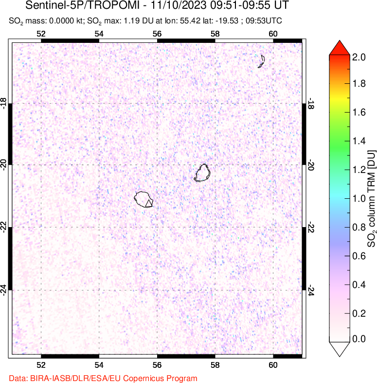 A sulfur dioxide image over Reunion Island, Indian Ocean on Nov 10, 2023.