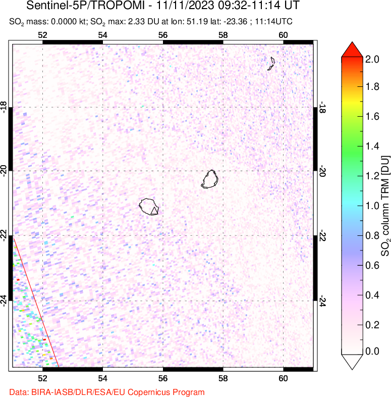 A sulfur dioxide image over Reunion Island, Indian Ocean on Nov 11, 2023.