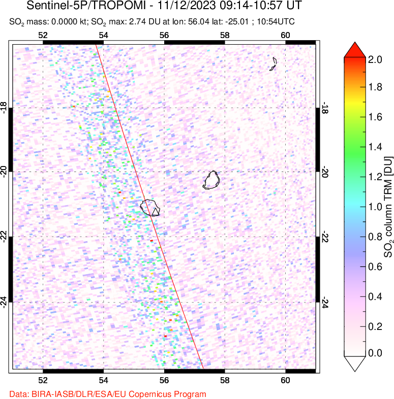 A sulfur dioxide image over Reunion Island, Indian Ocean on Nov 12, 2023.