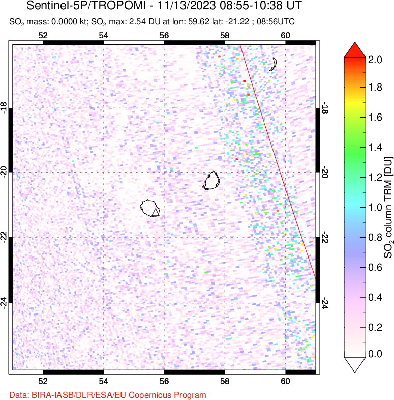 A sulfur dioxide image over Reunion Island, Indian Ocean on Nov 13, 2023.