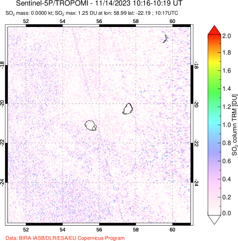 A sulfur dioxide image over Reunion Island, Indian Ocean on Nov 14, 2023.