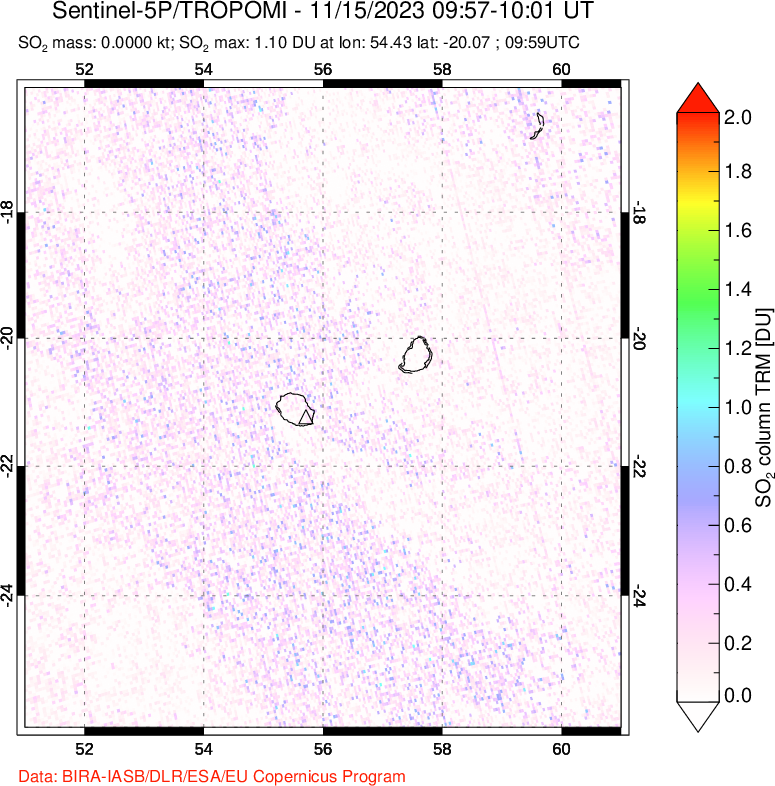 A sulfur dioxide image over Reunion Island, Indian Ocean on Nov 15, 2023.