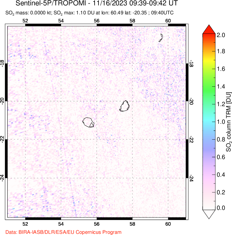 A sulfur dioxide image over Reunion Island, Indian Ocean on Nov 16, 2023.