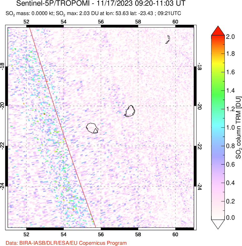 A sulfur dioxide image over Reunion Island, Indian Ocean on Nov 17, 2023.