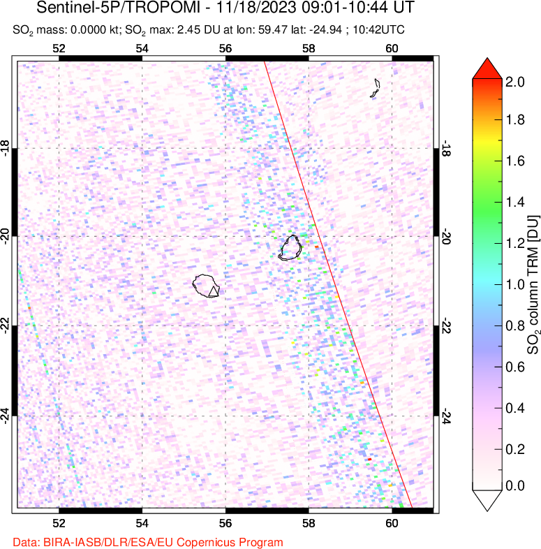 A sulfur dioxide image over Reunion Island, Indian Ocean on Nov 18, 2023.