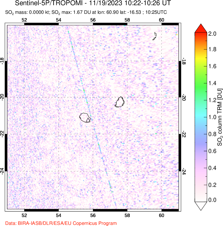 A sulfur dioxide image over Reunion Island, Indian Ocean on Nov 19, 2023.