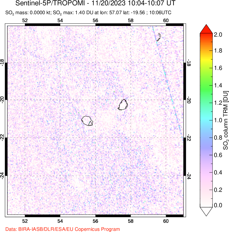 A sulfur dioxide image over Reunion Island, Indian Ocean on Nov 20, 2023.