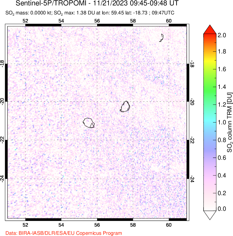 A sulfur dioxide image over Reunion Island, Indian Ocean on Nov 21, 2023.