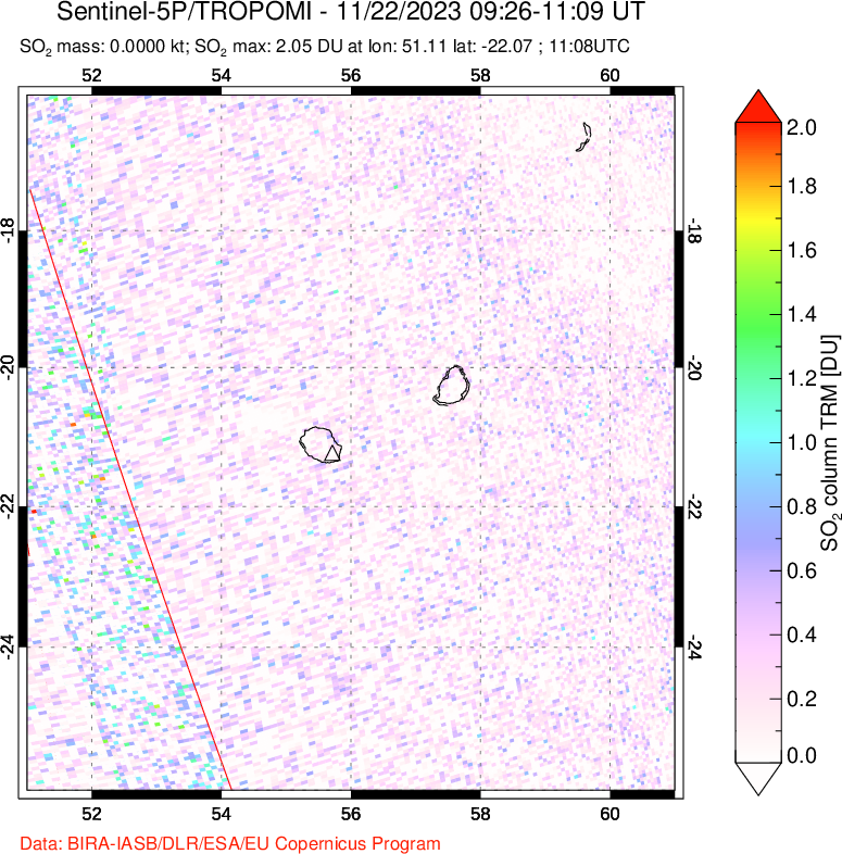 A sulfur dioxide image over Reunion Island, Indian Ocean on Nov 22, 2023.