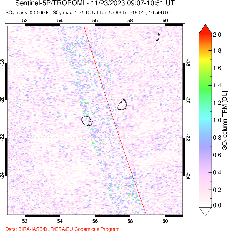 A sulfur dioxide image over Reunion Island, Indian Ocean on Nov 23, 2023.