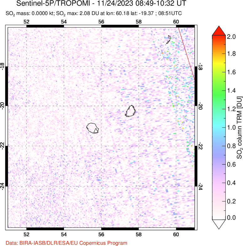 A sulfur dioxide image over Reunion Island, Indian Ocean on Nov 24, 2023.