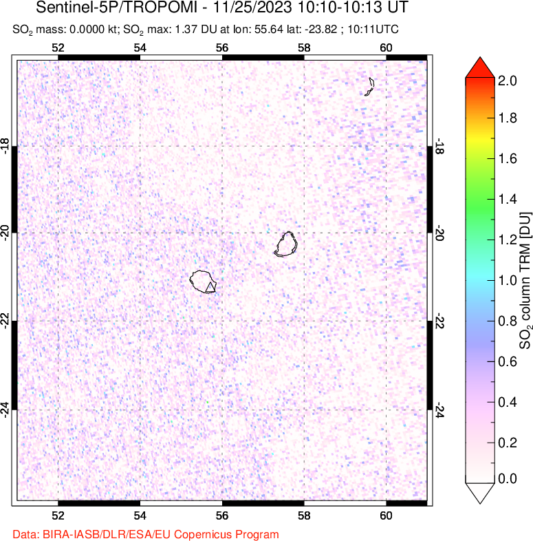 A sulfur dioxide image over Reunion Island, Indian Ocean on Nov 25, 2023.