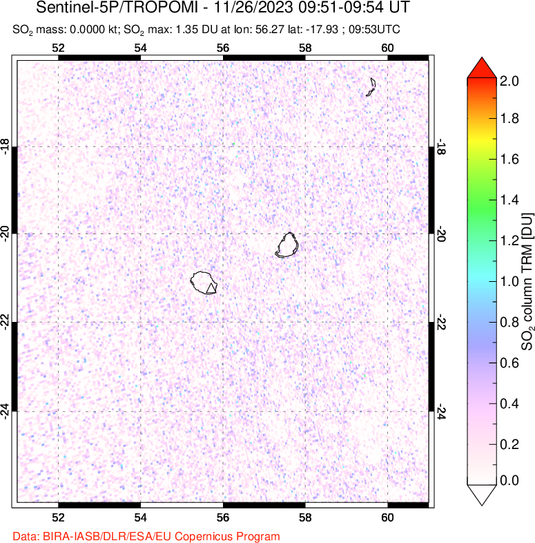 A sulfur dioxide image over Reunion Island, Indian Ocean on Nov 26, 2023.