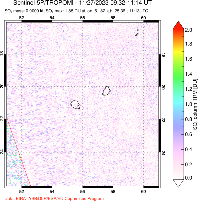 A sulfur dioxide image over Reunion Island, Indian Ocean on Nov 27, 2023.