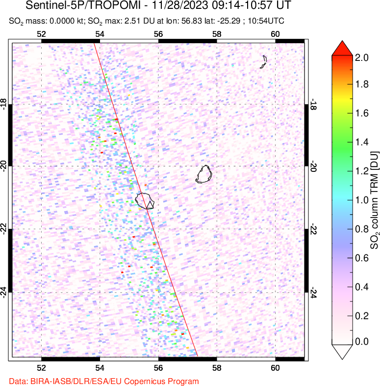 A sulfur dioxide image over Reunion Island, Indian Ocean on Nov 28, 2023.