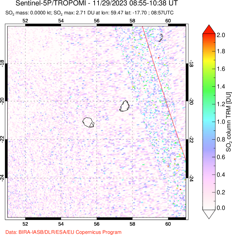 A sulfur dioxide image over Reunion Island, Indian Ocean on Nov 29, 2023.