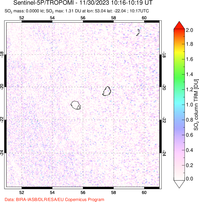 A sulfur dioxide image over Reunion Island, Indian Ocean on Nov 30, 2023.