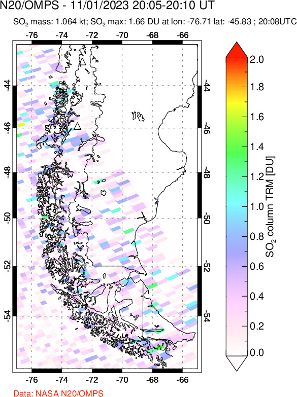 A sulfur dioxide image over Southern Chile on Nov 01, 2023.