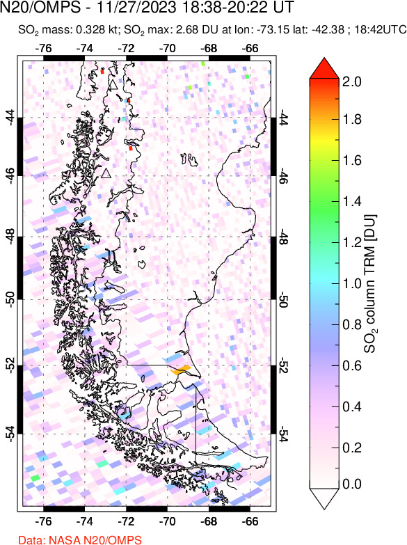 A sulfur dioxide image over Southern Chile on Nov 27, 2023.