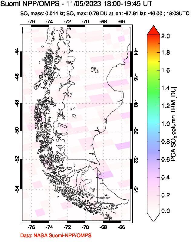 A sulfur dioxide image over Southern Chile on Nov 05, 2023.