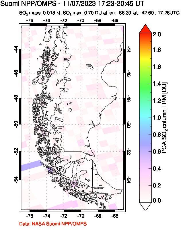 A sulfur dioxide image over Southern Chile on Nov 07, 2023.