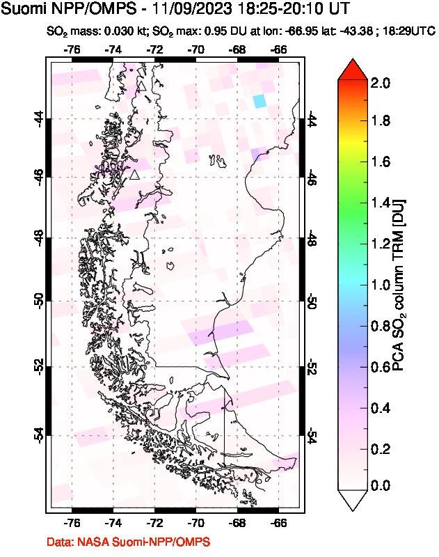 A sulfur dioxide image over Southern Chile on Nov 09, 2023.