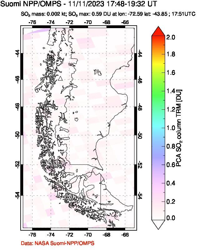 A sulfur dioxide image over Southern Chile on Nov 11, 2023.