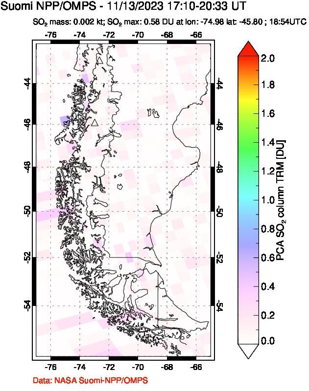 A sulfur dioxide image over Southern Chile on Nov 13, 2023.