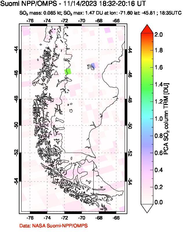 A sulfur dioxide image over Southern Chile on Nov 14, 2023.