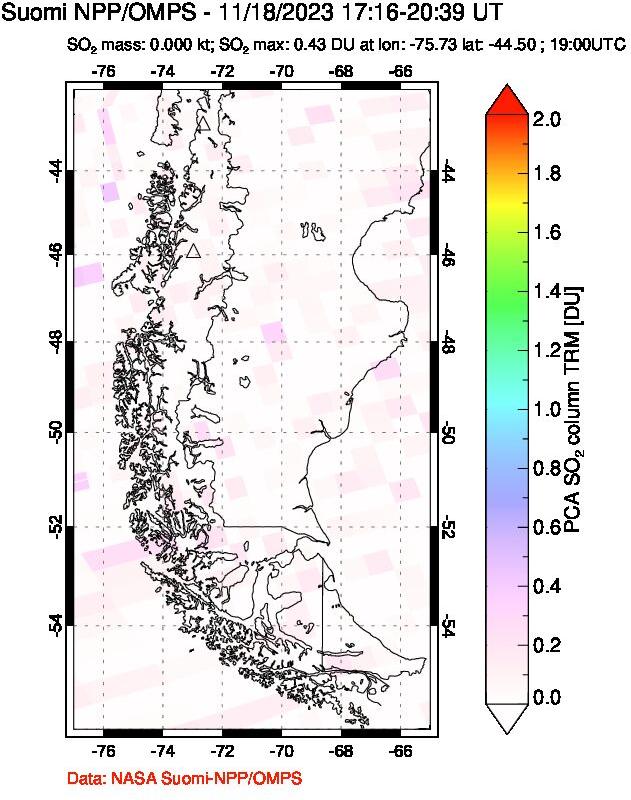 A sulfur dioxide image over Southern Chile on Nov 18, 2023.