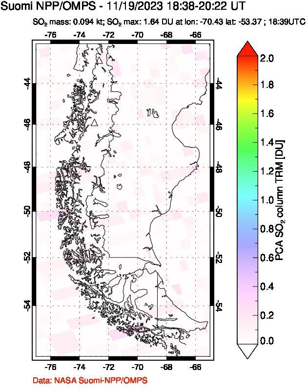 A sulfur dioxide image over Southern Chile on Nov 19, 2023.