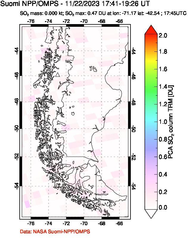 A sulfur dioxide image over Southern Chile on Nov 22, 2023.