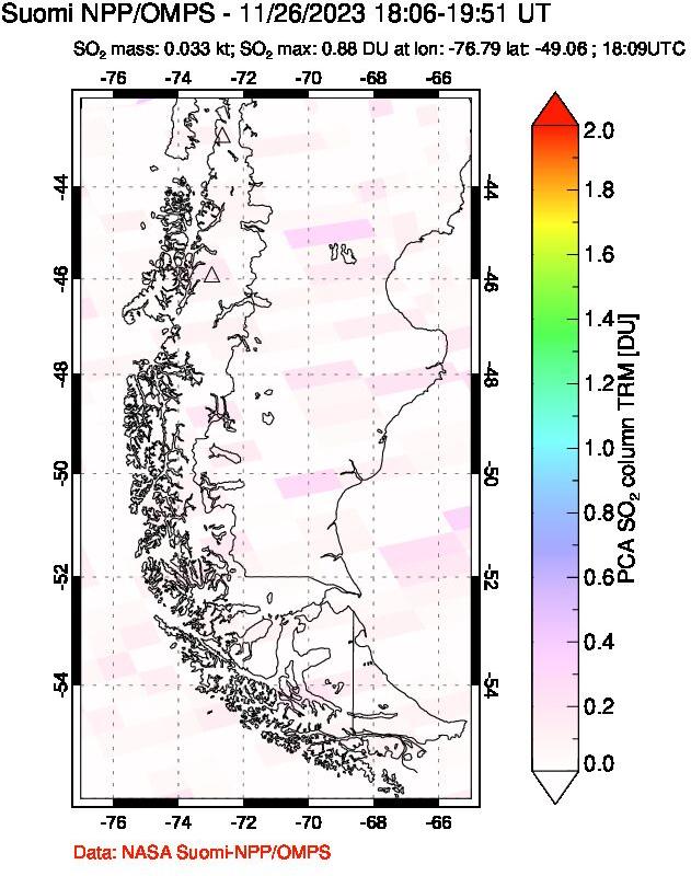 A sulfur dioxide image over Southern Chile on Nov 26, 2023.