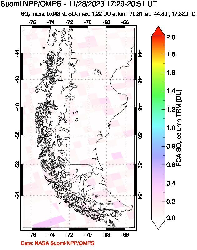 A sulfur dioxide image over Southern Chile on Nov 28, 2023.