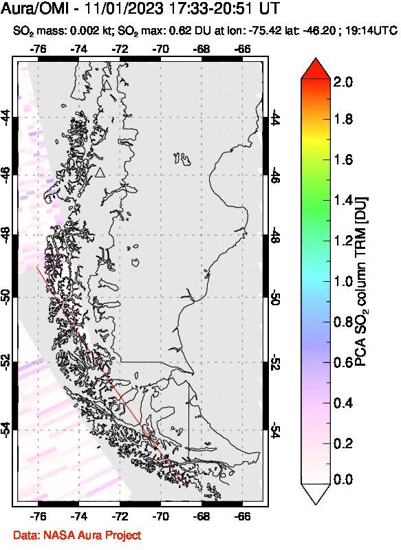 A sulfur dioxide image over Southern Chile on Nov 01, 2023.