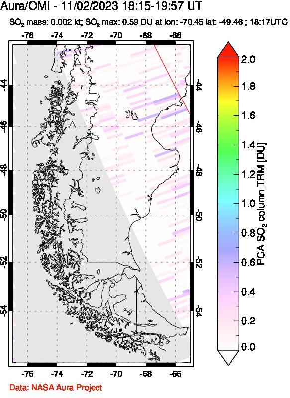 A sulfur dioxide image over Southern Chile on Nov 02, 2023.