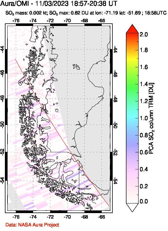 A sulfur dioxide image over Southern Chile on Nov 03, 2023.