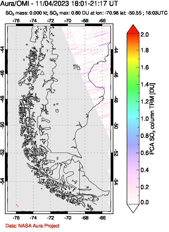 A sulfur dioxide image over Southern Chile on Nov 04, 2023.